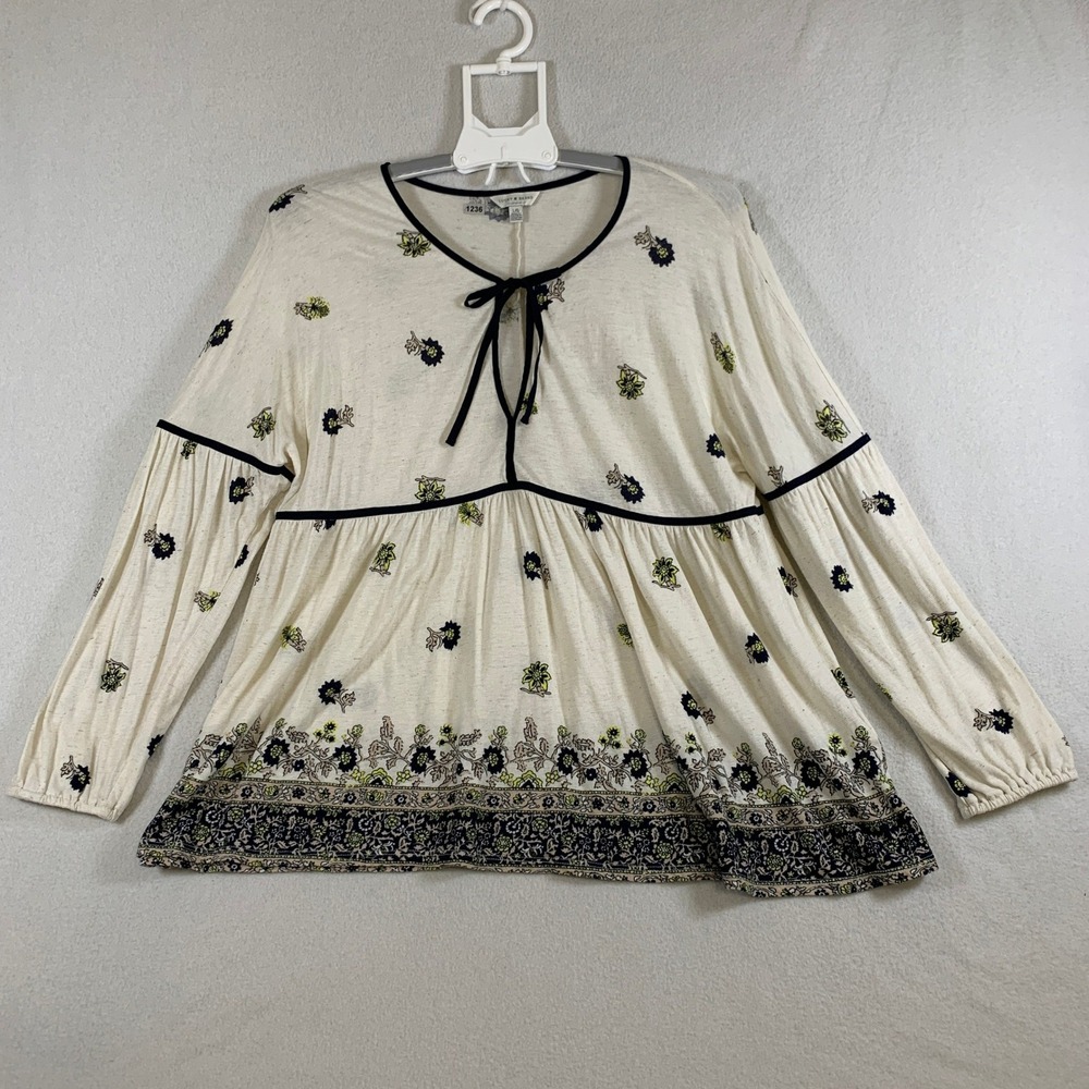 Lucky Brand Women's Tie‎ Neck Long Sleeve Peasant Blouse Top Floral Cream Size L